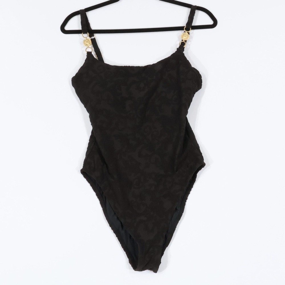 L'AGENCE One Piece Swimsuit Women M Black Floral Jacquard Gold Hardware Chic NWT